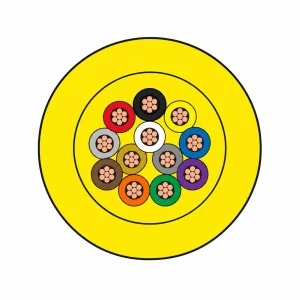 Cross-section of CASITEK GJFJV OS2 indoor optical fiber cable showing tight-buffered single-mode fibers, aramid yarn and yellow PVC or LSZH sheath