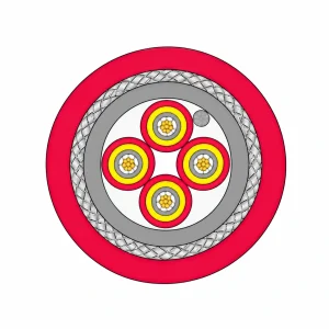 Cross-section of CASITEK GYJFJKY optical fiber cable showing tight-buffered fibers, branched cables, aramid yarn, steel tube, steel wire braid and LSZH sheath