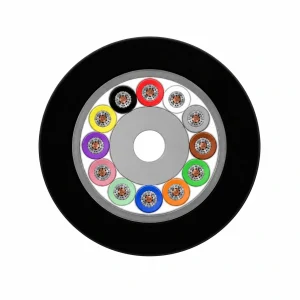 Cross-section of CASITEK GYTA optical fiber cable showing stranded loose tubes, filling compound, metallic strength member, APL armour and PE outer sheath
