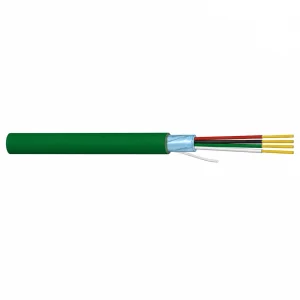 Cross-section of CASITEK KNX EIB bus communication cable showing red, black, yellow and white insulated cores, aluminium foil screen and green sheath