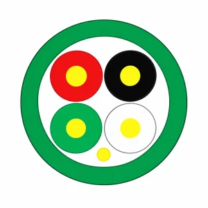 Cross-section of CASITEK KNX EIB bus communication cable showing red, black, yellow and white insulated cores, aluminium foil screen and green sheath