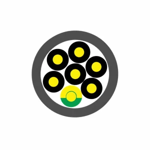 Cross-section of CASITEK YY control cable showing Class 5 copper conductors, numbered cores, green-yellow earth core and PVC or LSZH sheath
